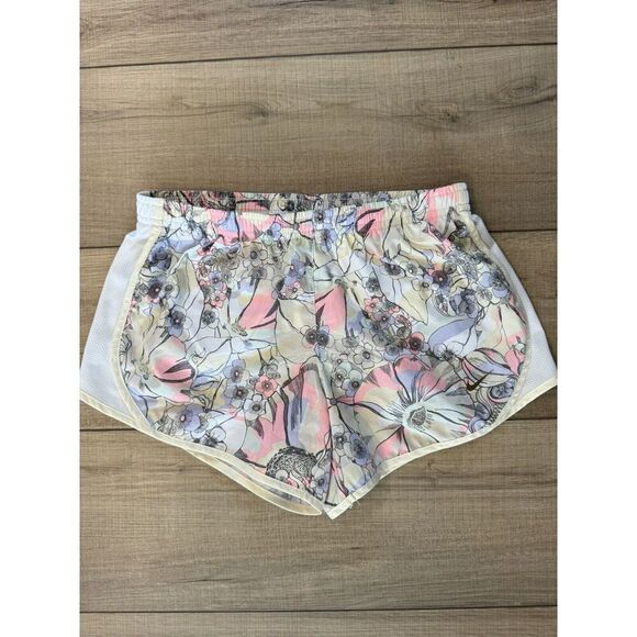 Nike Girls Medium M Dri Fit Athletic Running Shorts Floral Lined Yellow Pink - Picture 1 of 1